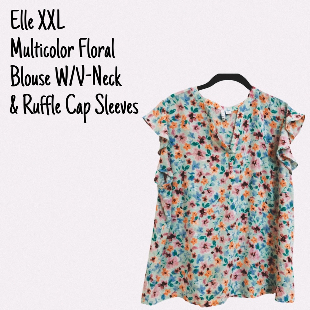 EUC Elle XXL Multicolored Floral Blouse With V-Neck & Ruffle Cap Sleeves